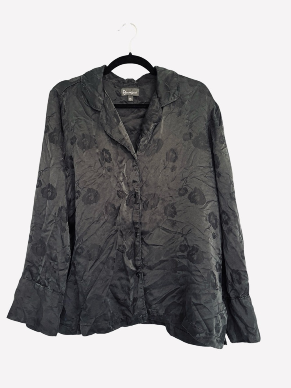 Pajamagram 100% Silk Black Floral Pajama Top Button Front size Large - Top only